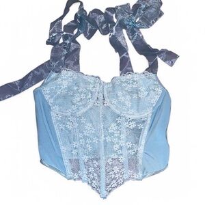 NWOT blue & white trim lace corset top with ribbon ties